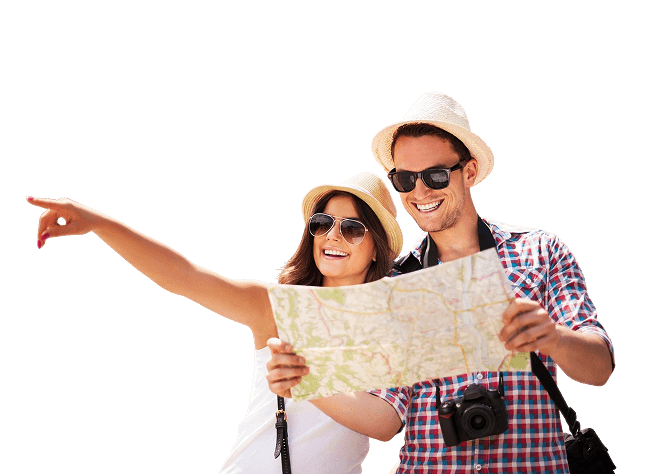 Happy couple traveling with map and camera